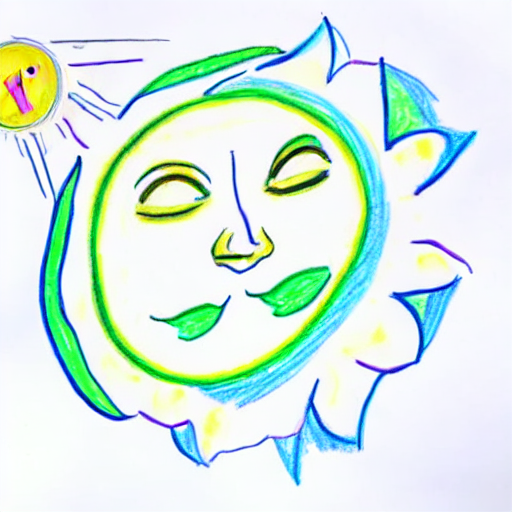 AI image generated of A drawing of a sun with a face and a yellow and green circle.