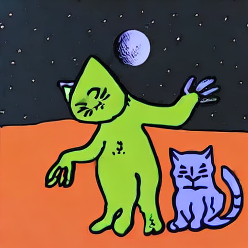 AI image generated of A green alien with a cat standing in front of a moon.