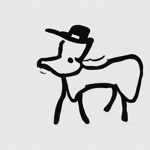 AI image generated of A black and white drawing of a cow with a hat on.