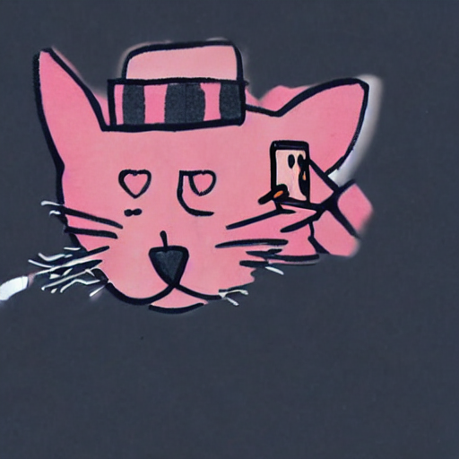 AI image generated of A pink cat with a frowning face and a cigarette in its mouth.