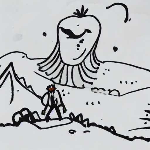 AI image generated of A drawing of a man with a dog on a hill.