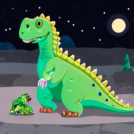 AI image generated of A dinosaur is standing on a rocky surface with a small dinosaur next to it.