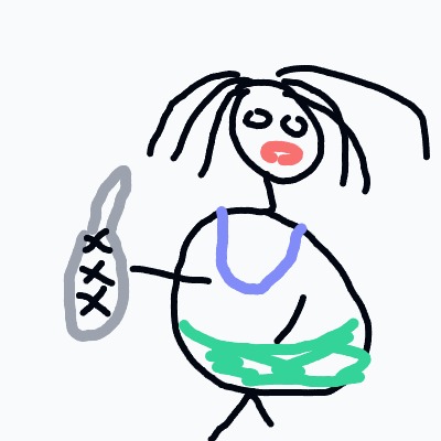 A%20playful%20stick-figure%20drawing%20of%20a%20person%20with%20spiky%20hair%2C%20wearing%20a%20blue%20top%20and%20green%20skirt%2C%20holding%20a%20gray%20oval%20object%20with%20X%20marks.