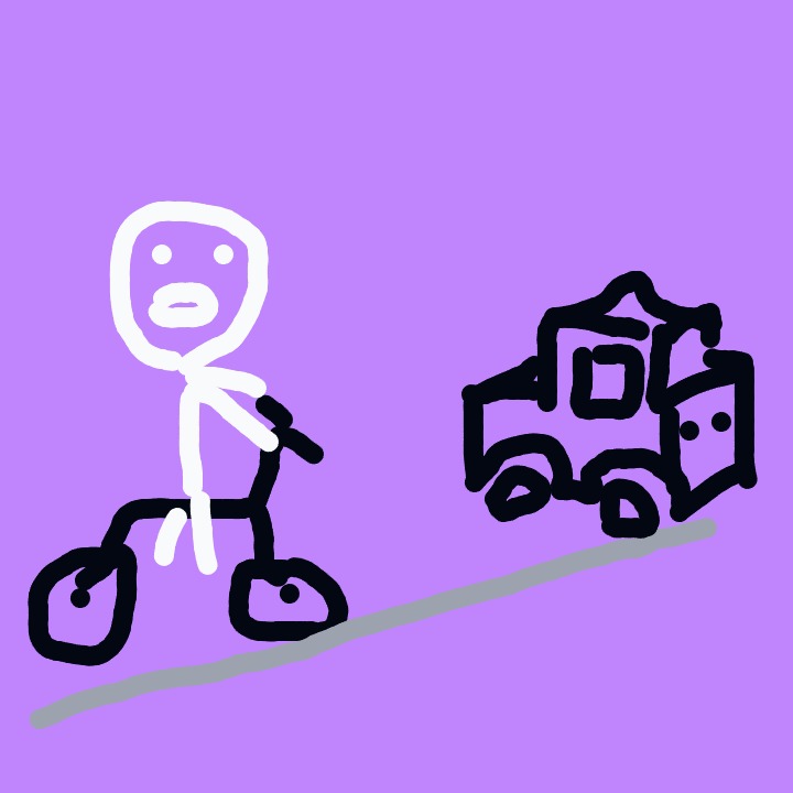 A%20stick%20figure%20with%20roller%20skates%20walks%20along%20a%20gray%20road%20toward%20a%20big%20black%20truck.