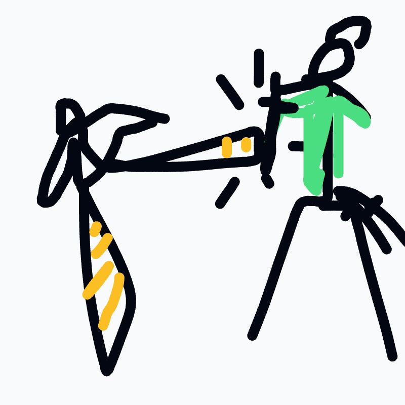 Two%20abstract%20stick%20figures%20face%20each%20other%2C%20connected%20by%20a%20long%20black%20beam%20with%20orange%20accents%2C%20while%20the%20right%20figure%20stands%20on%20a%20tripod-like%20base%20with%20a%20green%20leafy%20top.