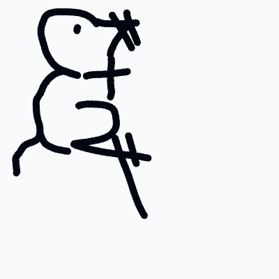A black and white drawing of a bear holding a stick.