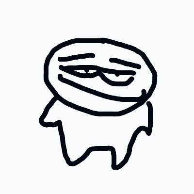 A black and white drawing of a cartoon character with a frowning face.