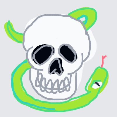 A skeleton head with a green snake coming out of its mouth.