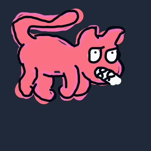A pink cat with a frowning face and a cigarette in its mouth.