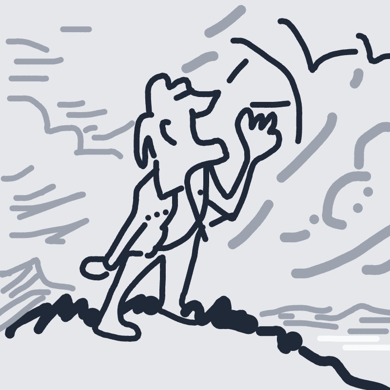 A drawing of a man with a dog on a hill.