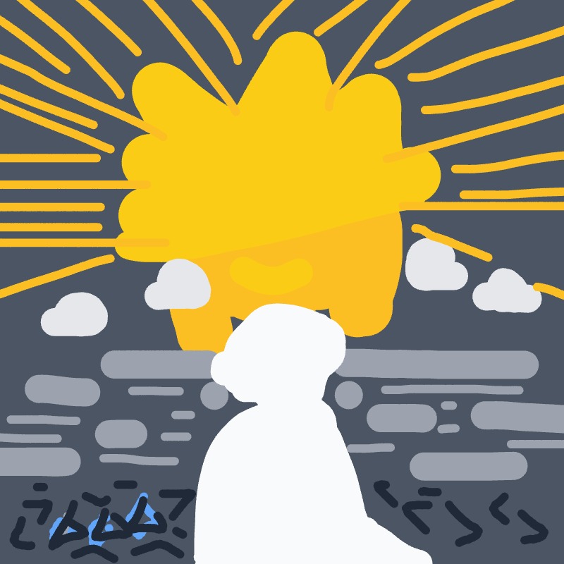 A drawing of a person sitting in front of a sunset.