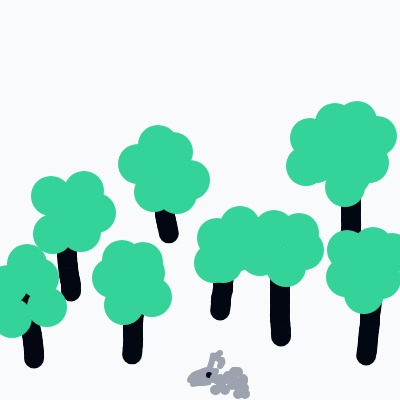 A drawing of a forest with a rabbit in the middle of it.